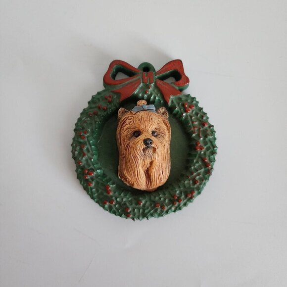 Earl Sherwan Charmstone Yorkie Dog Profile In Wreath Christmas Tree Ornament - Picture 2 of 8